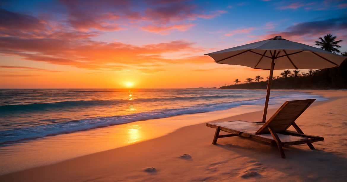 Inspiring beach scene for отдых на море 2024, showcasing a serene sunset and inviting atmosphere.
