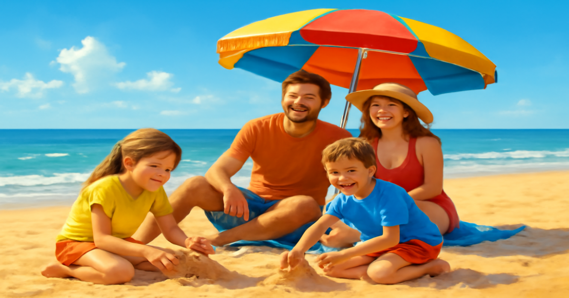 A joyful family beach scene showcasing отдых с детьми, emphasizing togetherness and fun in the sun.