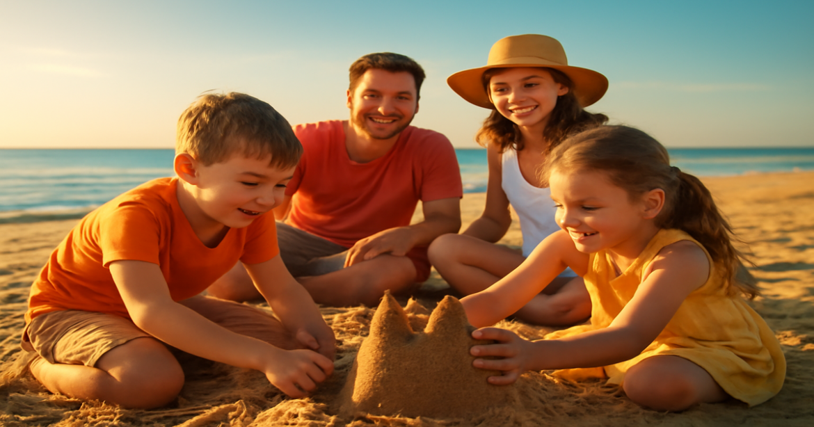 Family enjoying a beach vacation, highlighting a поездка с детьми in a joyful, inspiring setting.