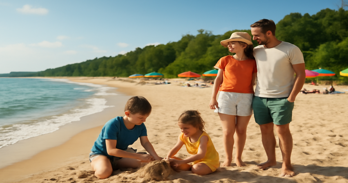 A beautiful family enjoying time at the best пляжи для семейного отдыха in Russia.