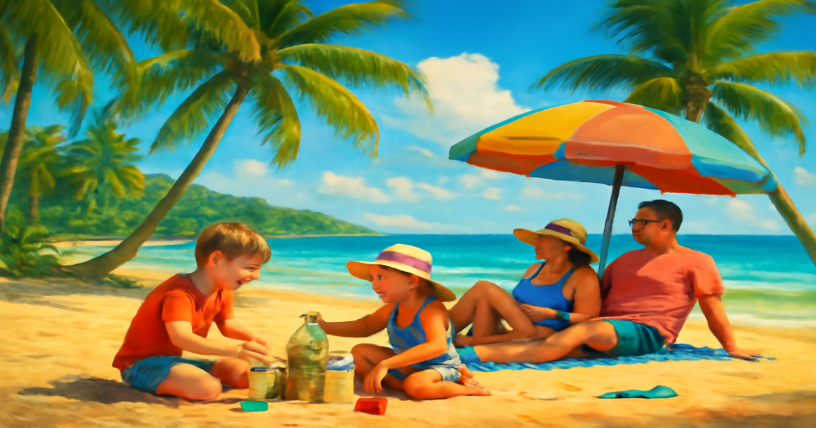 Family beach vacation in Thailand, showcasing пляжный отдых в Таиланде with children enjoying the sun.