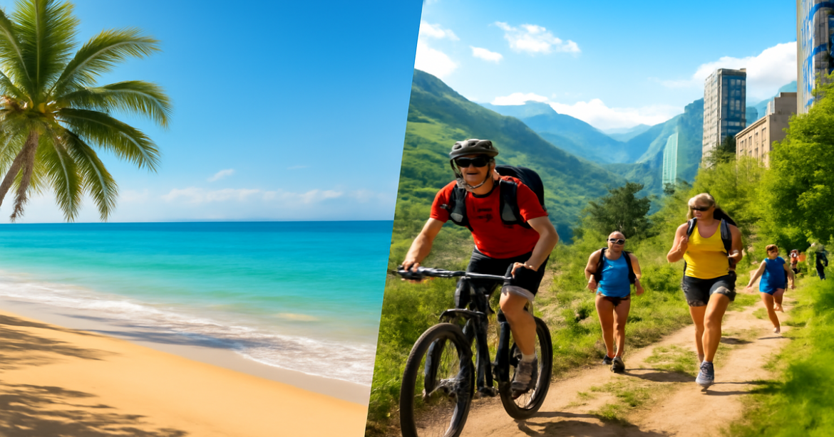 Explore пляжный отдых vs активный отдых in this inspiring travel scene showcasing relaxation and adventure.