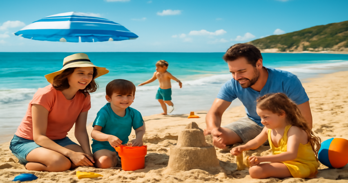 A joyful family enjoying their vacation at the beach, embodying подготовка к поездке с детьми.