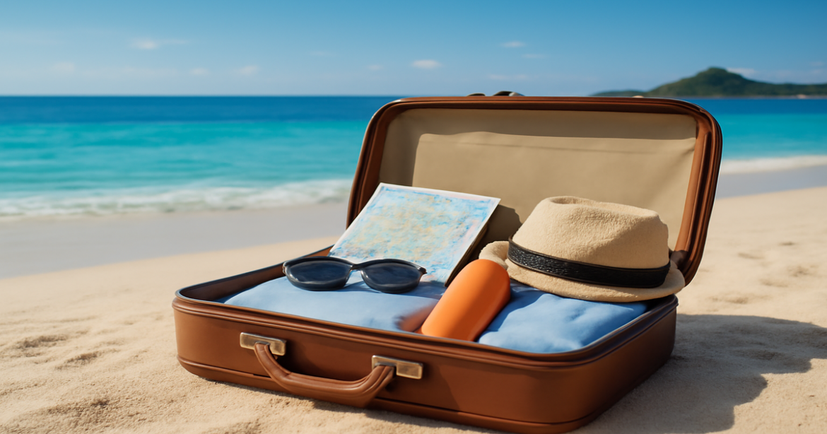 Inspiring travel preparation scene emphasizing 'подготовка к поездке' with a suitcase at a beautiful beach.