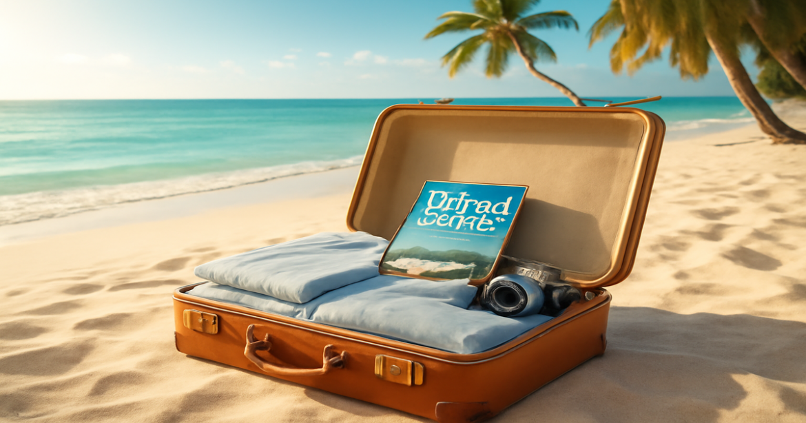 A travel suitcase on a beach representing подготовка к поездке за границу.