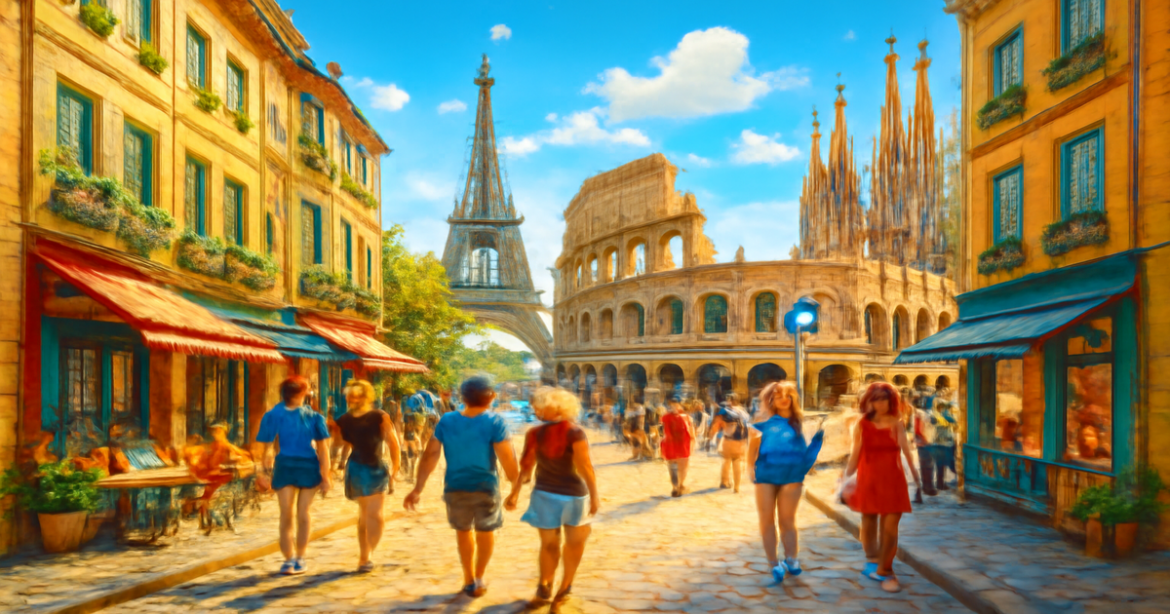 A captivating image representing подготовка к путешествию в Европу, featuring iconic landmarks and vibrant street life.