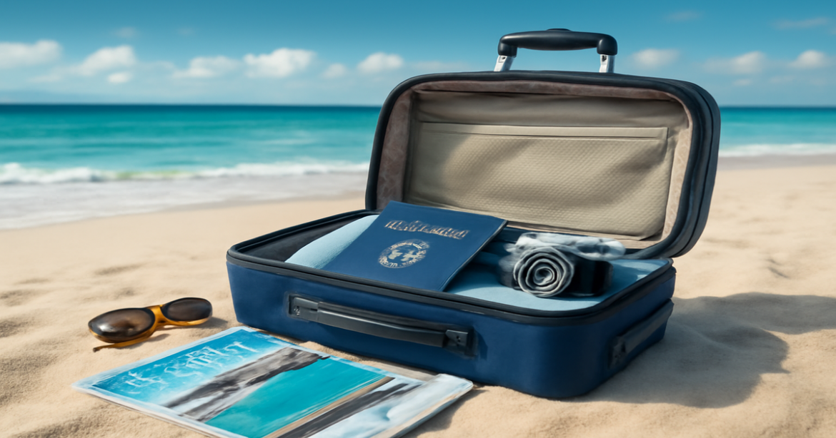Inspiring image for подготовка к заграничной поездке with travel essentials and a beautiful beach backdrop.