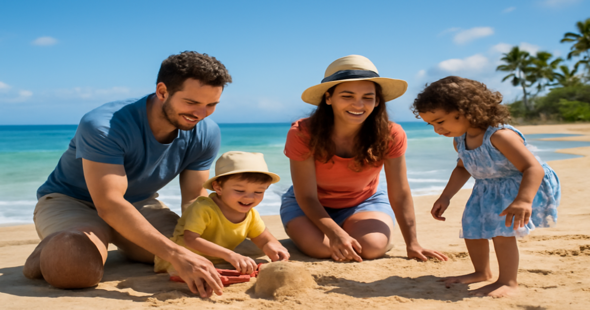 Inspiring family beach scene for самостоятельные путешествия с детьми, highlighting fun and adventure.
