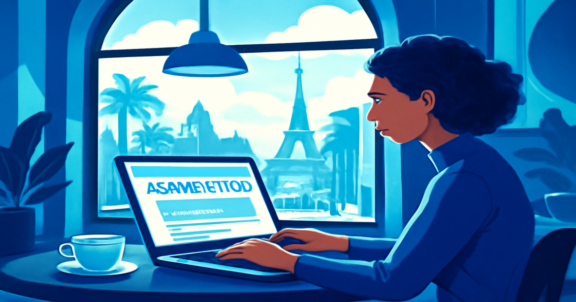 A person searching for авиабилетов in a cafe, capturing the essence of travel planning.