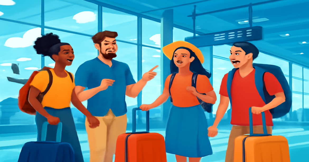 Travel scene illustrating визовые требования with diverse travelers in a modern airport setting.