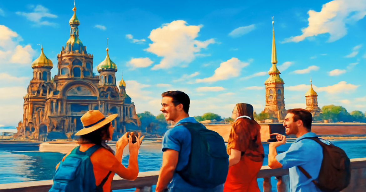 Excursions in Saint Petersburg: tourists exploring iconic landmarks under golden sunlight.