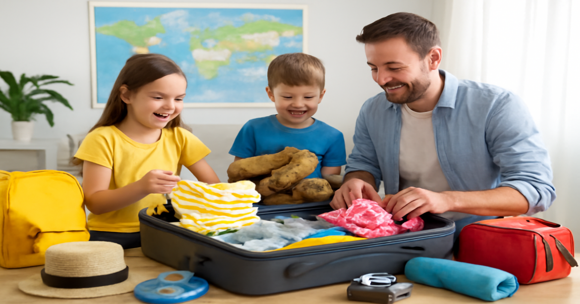Family happily packing a suitcase with children for travel, embodying сбор чемодана с детьми.