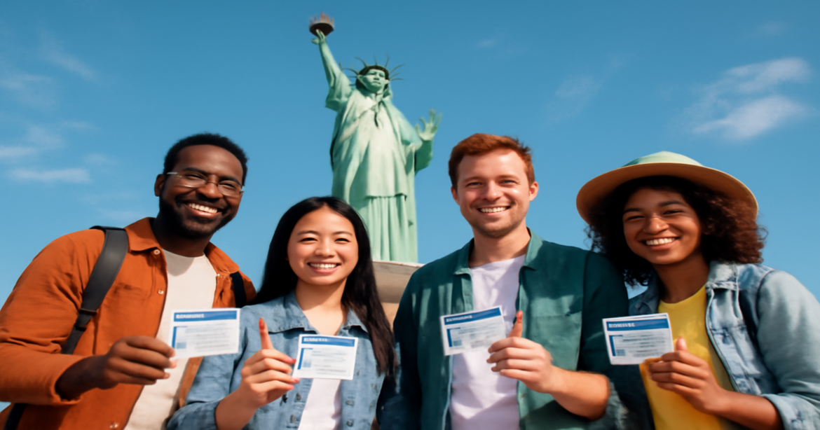 Diverse travelers with visa documents at a U.S. landmark, embodying the journey for виза в США.