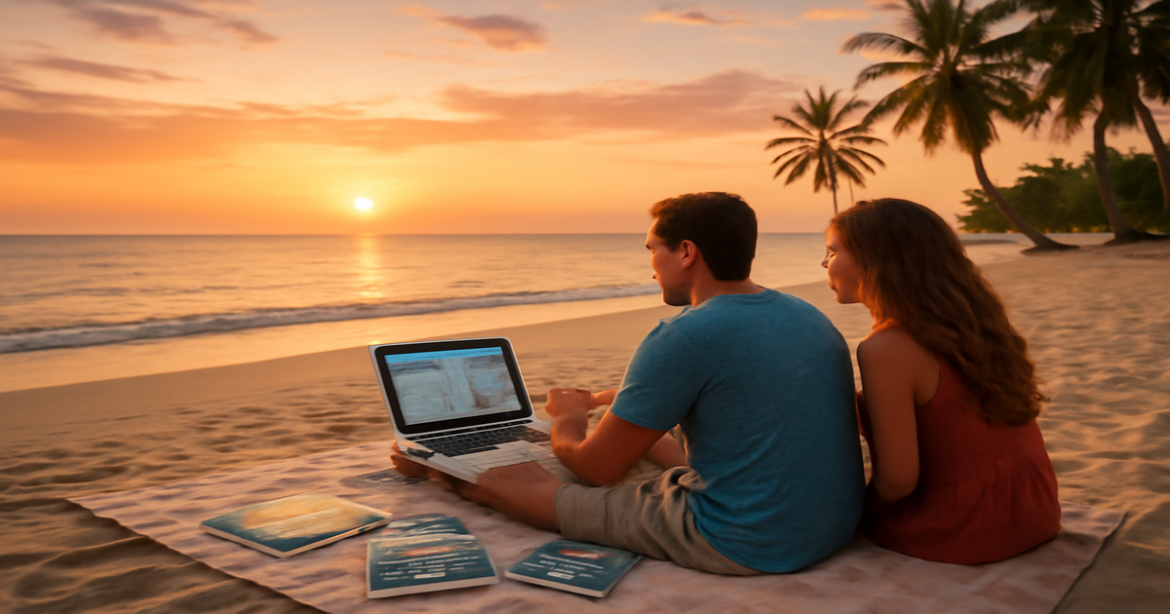 Couple planning their vacation on a beach at sunset, embodying the essence of планирование отпуска.