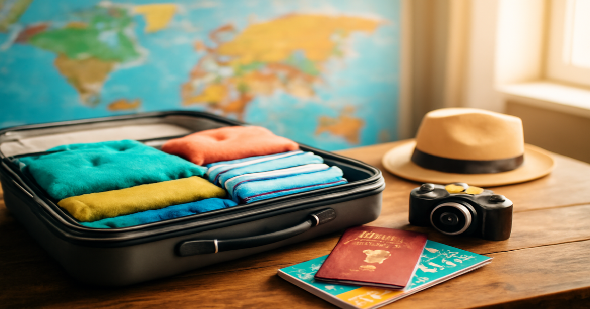 A vibrant travel preparation scene emphasizing 'подготовка к поездке' with essentials and a world map.