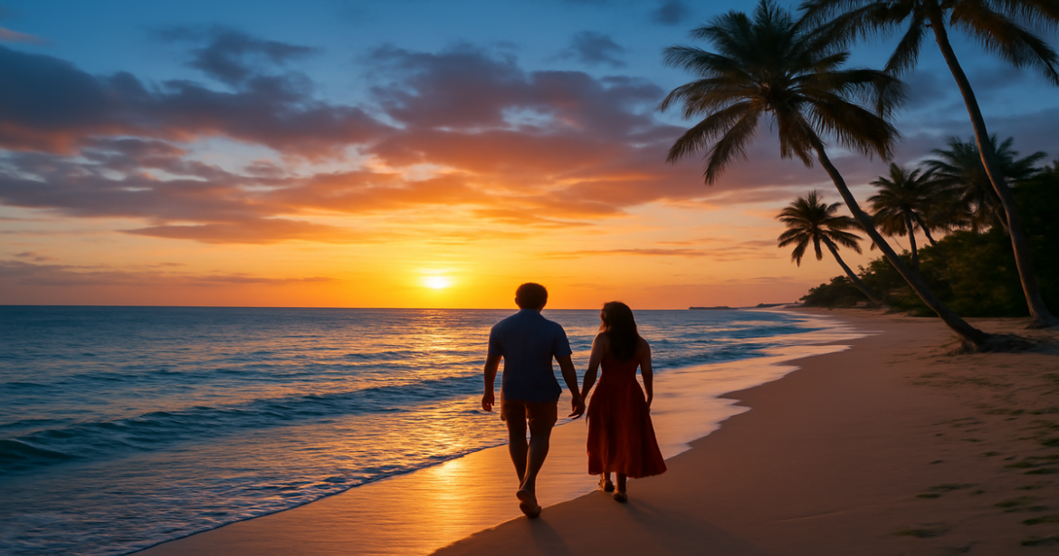 Explore how to избежать туристических ловушек in this serene beach sunset scene.