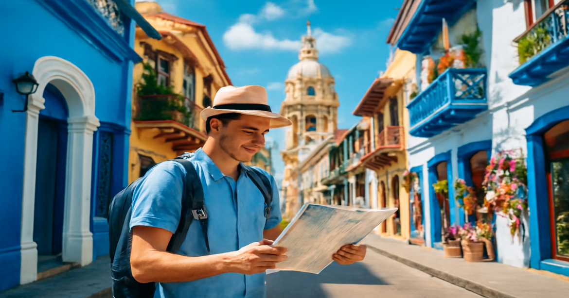 A traveler enjoying самостоятельные путешествия in a colorful city, capturing the essence of adventure.