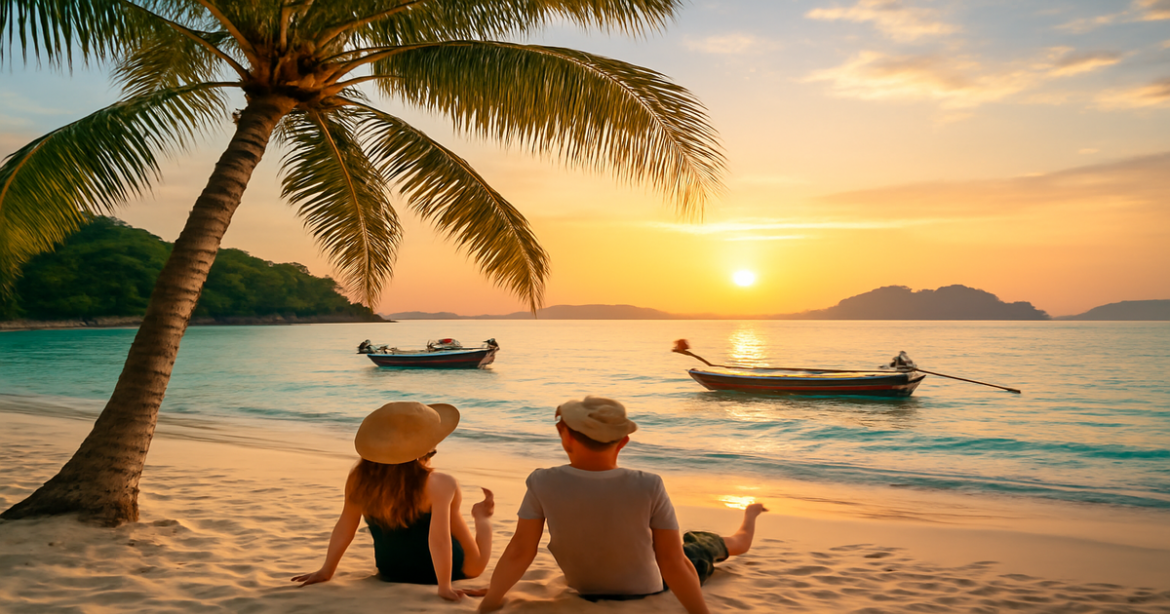 Beautiful beach scene showcasing a successful пляжный отдых в Таиланде with serene waters and sunset.