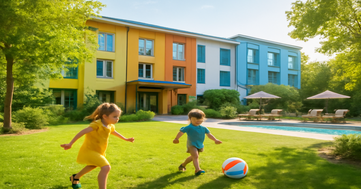 Family-friendly hotel with children playing, perfect for a comfortable family vacation.