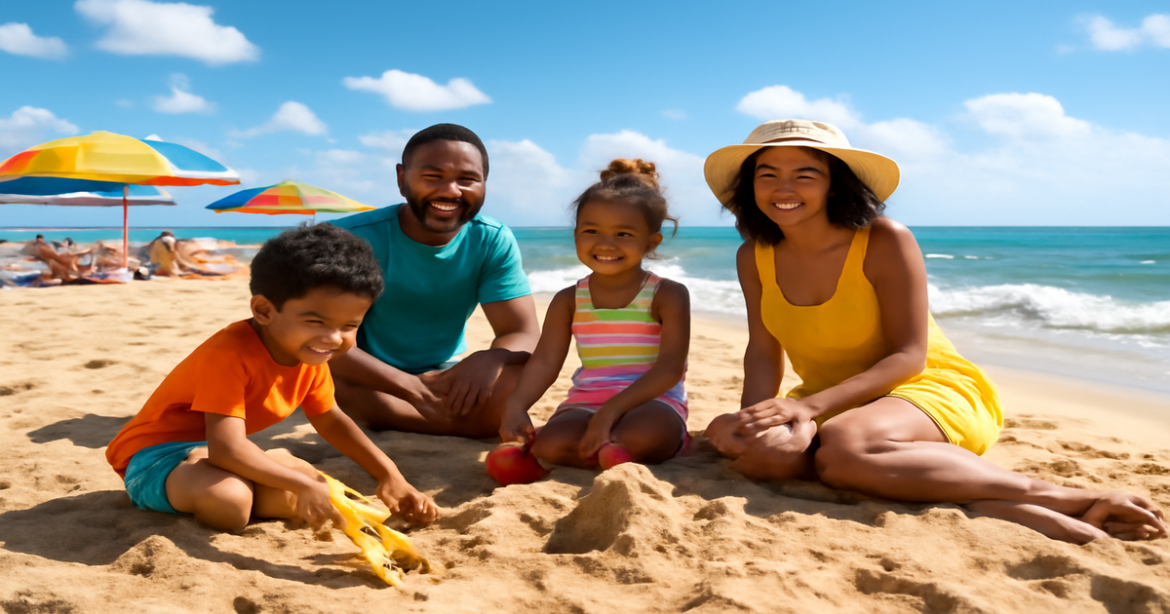 Family vacation on a beach, capturing the joy of семейный отдых with children playing in the sand.