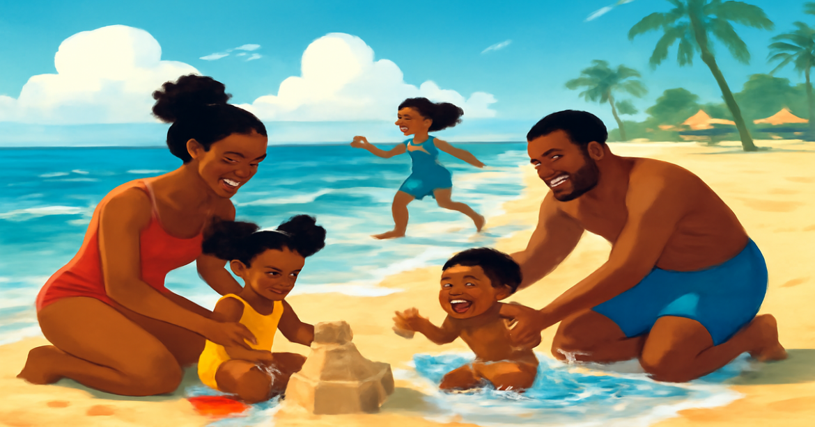 Family enjoying a beach day, embodying семейный отдых с детьми, perfect for family travel inspiration.