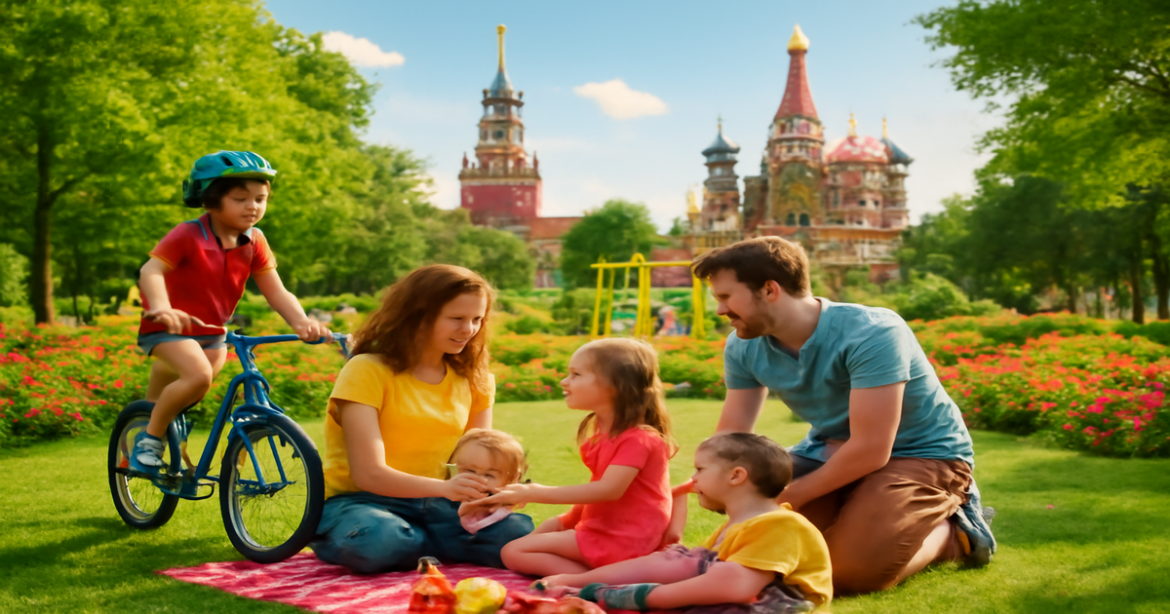 Family enjoying outdoor activities in a park, highlighting семейный отдых в Москве.