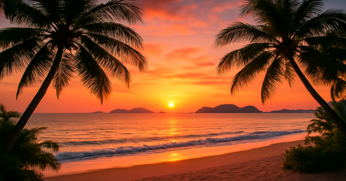 Stunning beach sunset illustrating сезонность отдыха в Азии, ideal for travel planning.