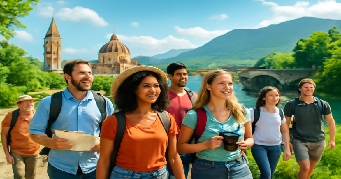 Explore the essence of организация экскурсии with vibrant travel scenes and happy tourists in beautiful destinations.