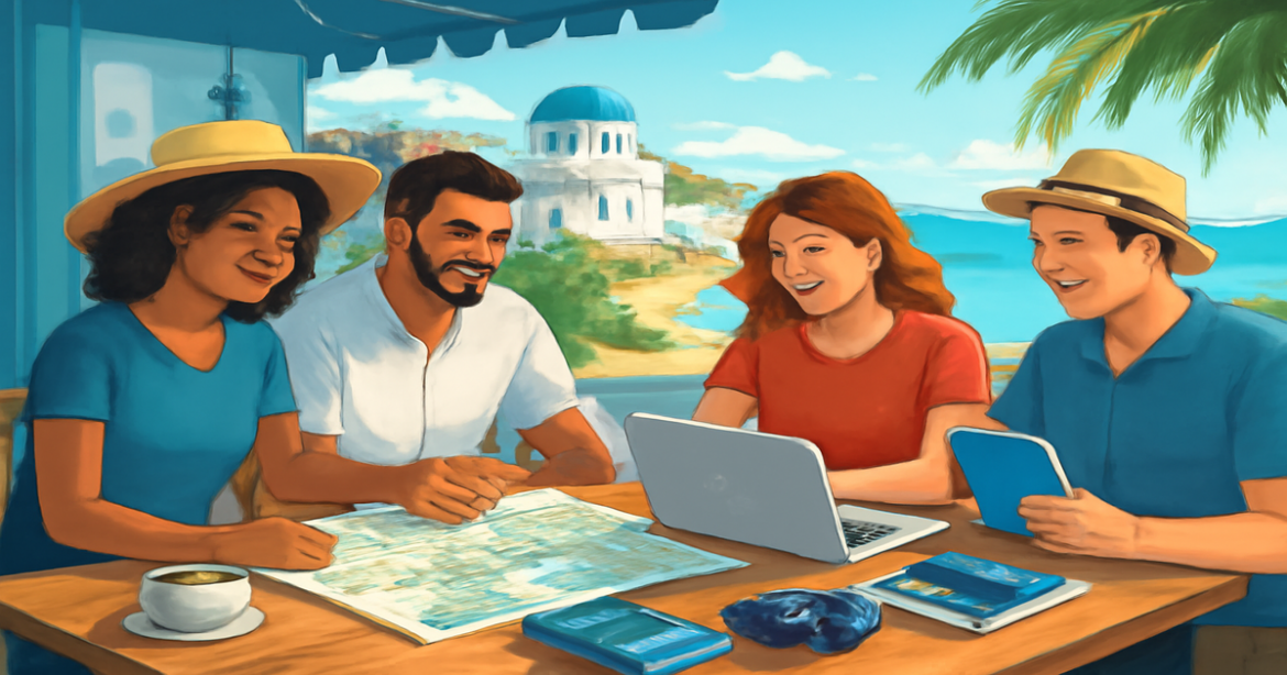 Inspiring scene of travelers planning their организация самостоятельного путешествия at a beach cafe.