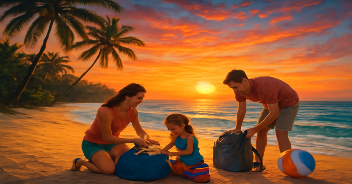 A beautiful beach scene depicting подготовка к отпуску with vibrant sunset colors and a family packing for vacation.