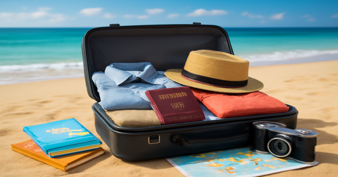 Inspiring travel scene depicting подготовка к поездке with a suitcase and travel essentials.