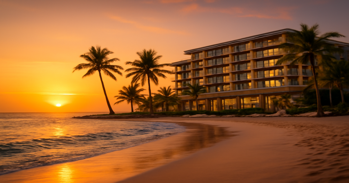 Stunning beach view with a hotel, perfect for choosing the best отелей for your vacation.