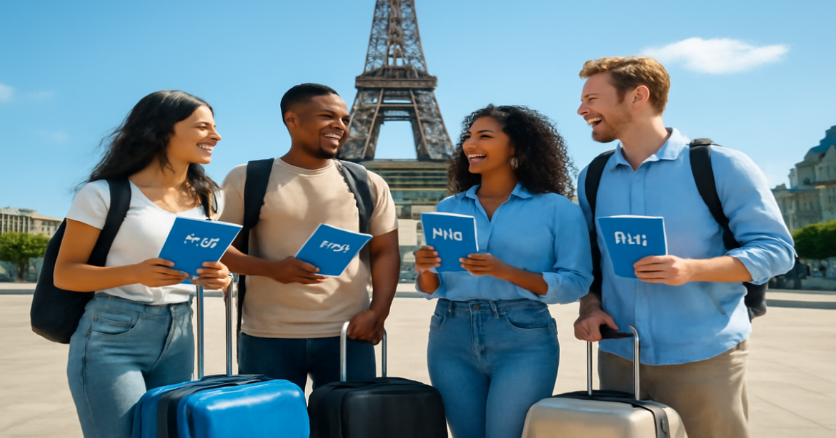 Diverse travelers exploring iconic landmarks while considering виза для путешествий.