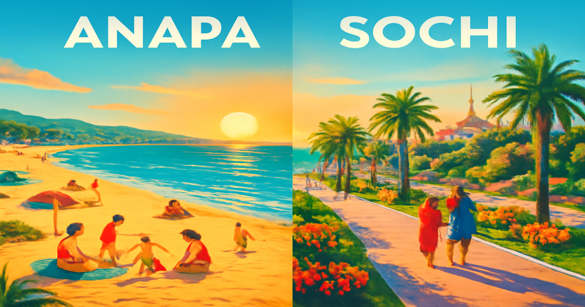 Comparative beach scene of Anapa and Sochi for vacation planning in 2026.