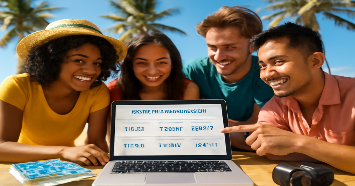 Travelers engaging in сравнение авиабилетов at a beach, showcasing adventure and relaxation.