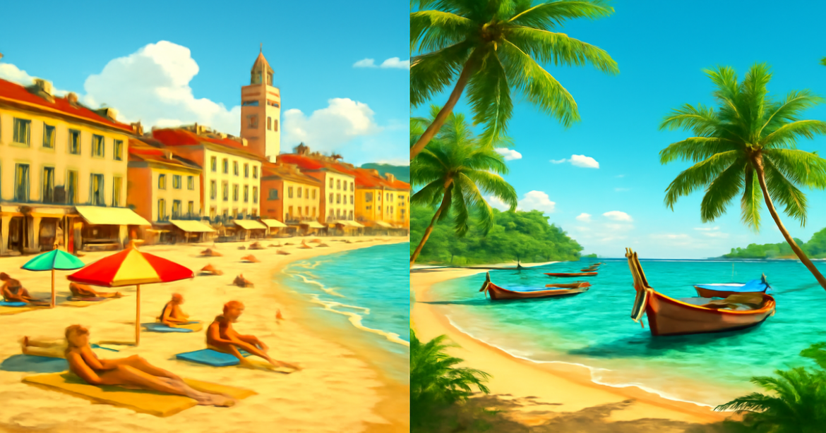 A stunning comparison of курортов in Europe and Asia, showcasing summer vacation destinations.