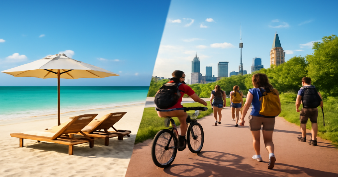 A comparison of курортов showcasing beach relaxation and active adventures for perfect vacation choices.