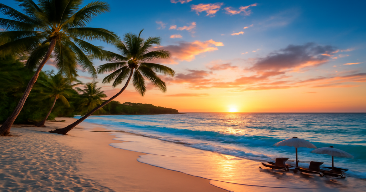 Explore the beauty of пляжный отдых with this idyllic beach sunset scene.