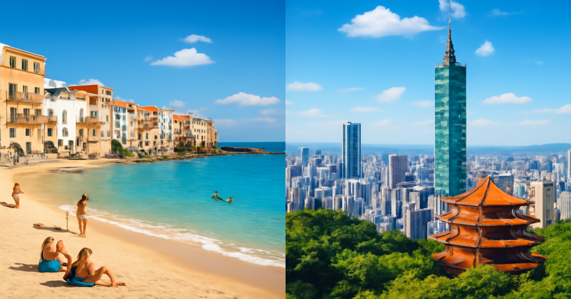 Stunning comparison of Europe vs Asia summer vacation destinations, showcasing beaches and cityscapes.