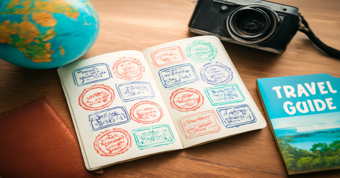 Explore визовые требования with a passport filled with colorful international stamps.