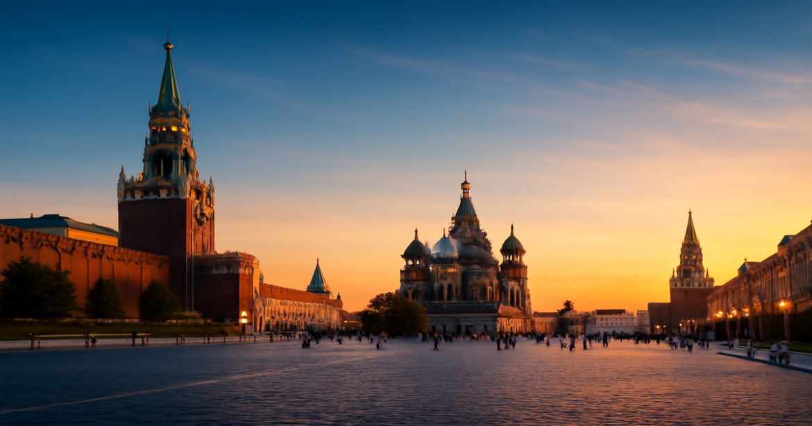 Stunning view of достопримечательности Москвы, featuring the Kremlin and Red Square at sunset.