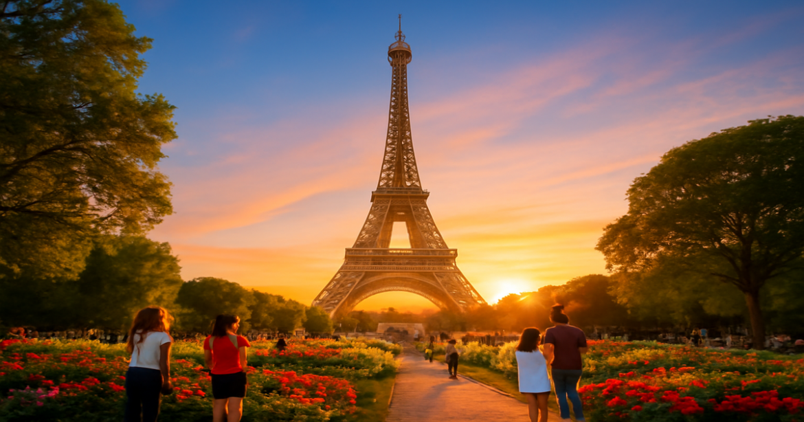 Explore the stunning достопримечательности Парижа with this beautiful sunset view of the Eiffel Tower.