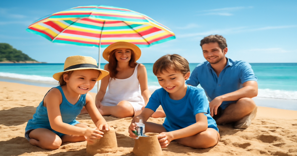 Family enjoying отпуск с детьми at a beautiful beach destination, capturing joyful moments in a vibrant setting.