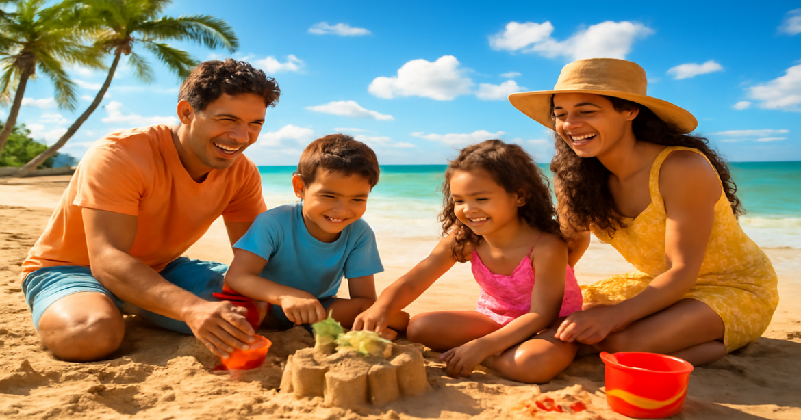 Explore top directions для семейного отдыха in 2026 with this vibrant beach vacation scene.