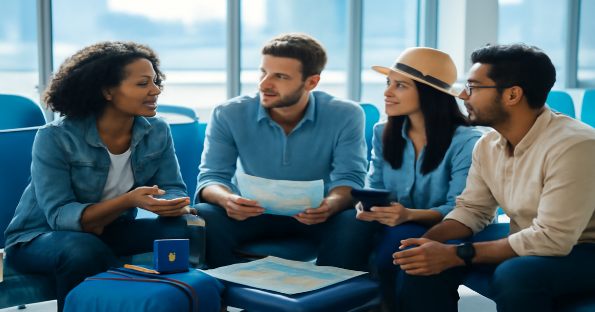 Travelers discussing визовые вопросы in a bright airport lounge, emphasizing travel preparation.