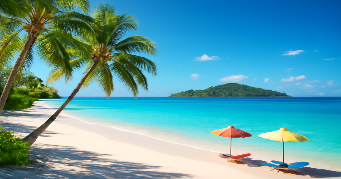 Explore экзотические страны для пляжного отдыха with this vibrant tropical beach scene.