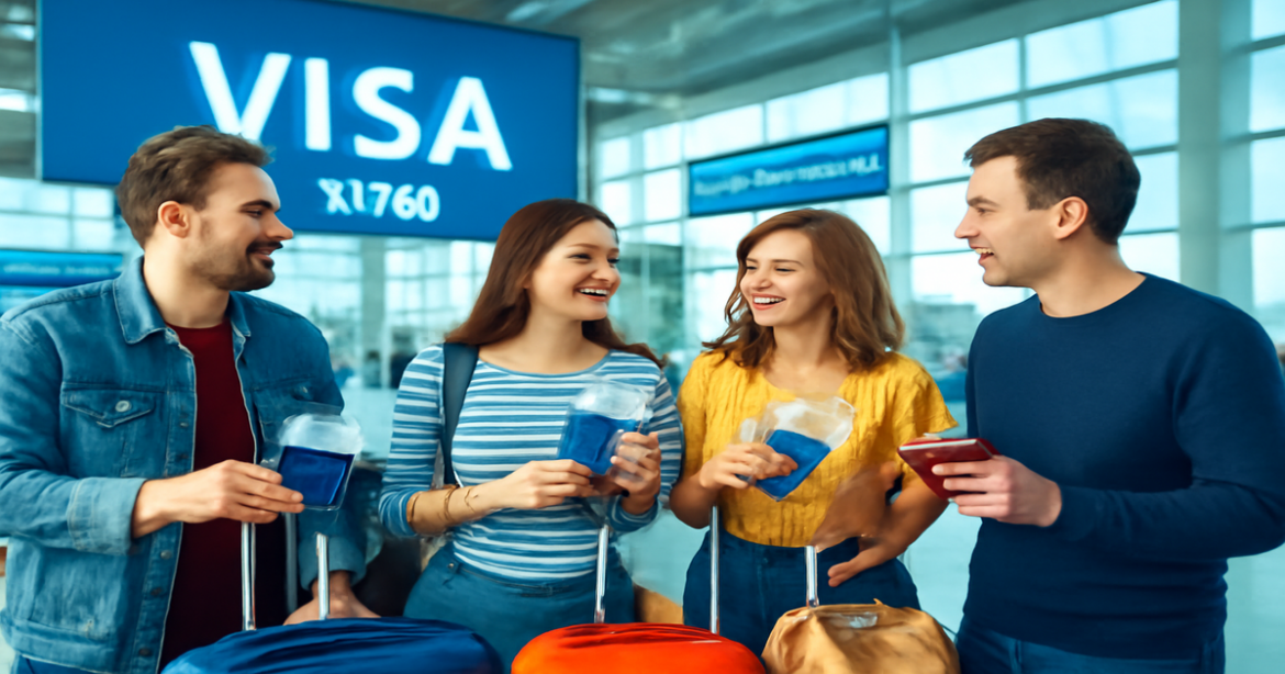 A travel scene highlighting визы для граждан России in an airport setting, capturing excitement and adventure.