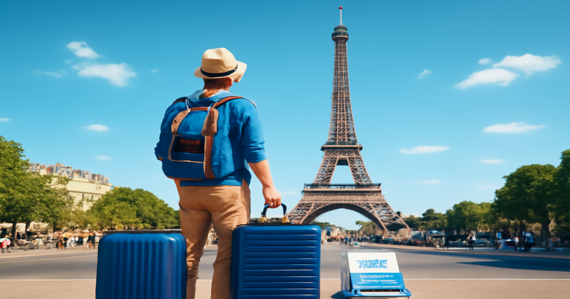 A traveler at a European landmark, showcasing essential information on визы в Европу for inspiring travel plans.